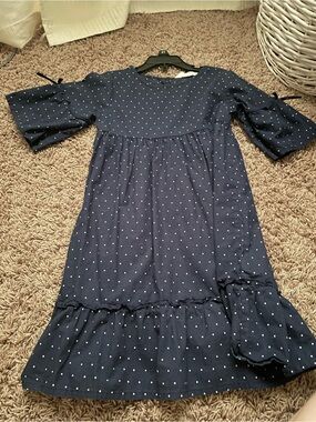 Girls' Navy Polka Dot Ruffle Hem Casual Dress